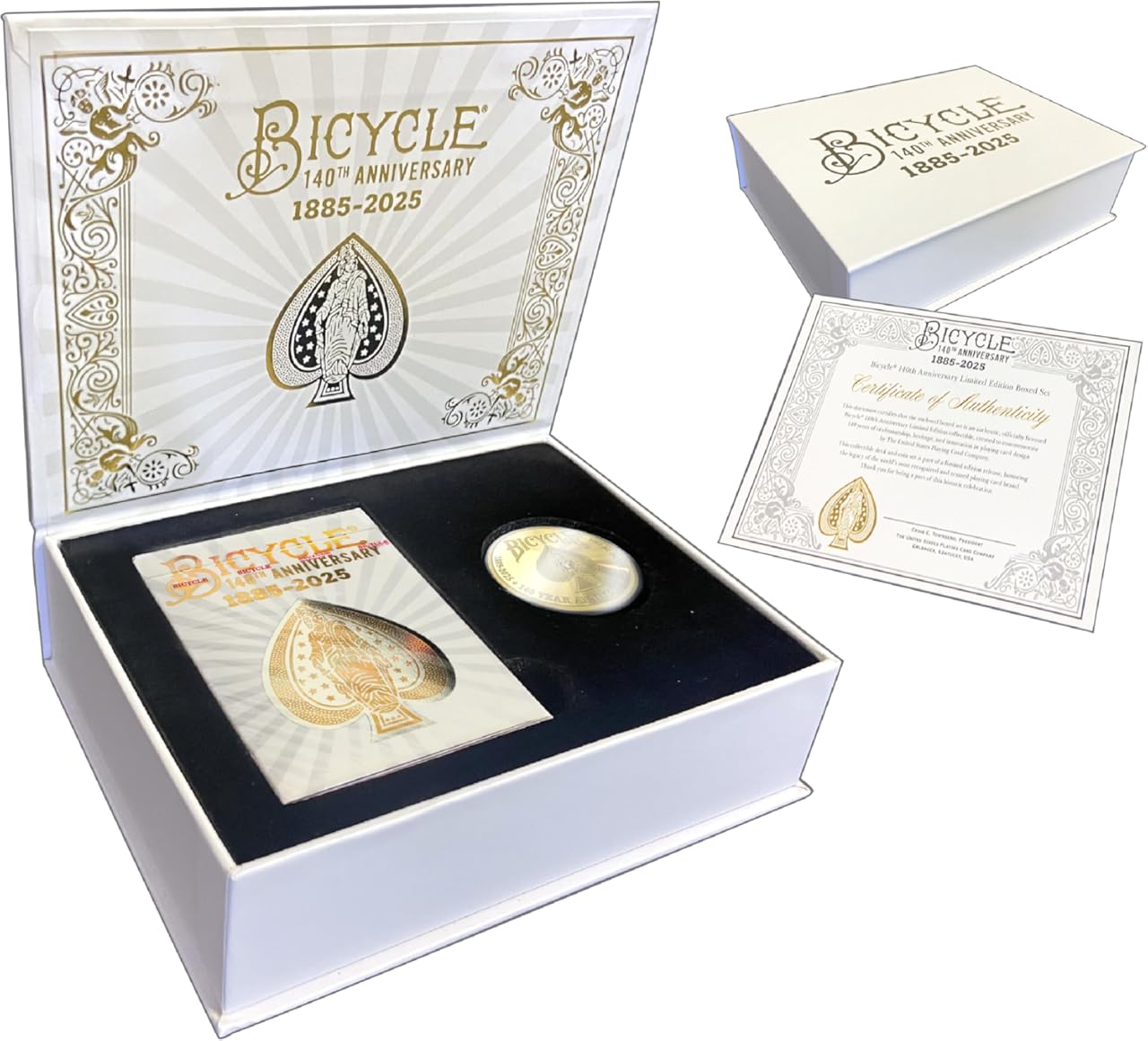 Bicycle 140th Anniversary Limited Edition Exclusive Playing Cards Set with 1 oz Pure Gold, 1 oz .999 Fine Silver, or Bronze Commemorative Collector Coin (Mystery Unboxing Coin)