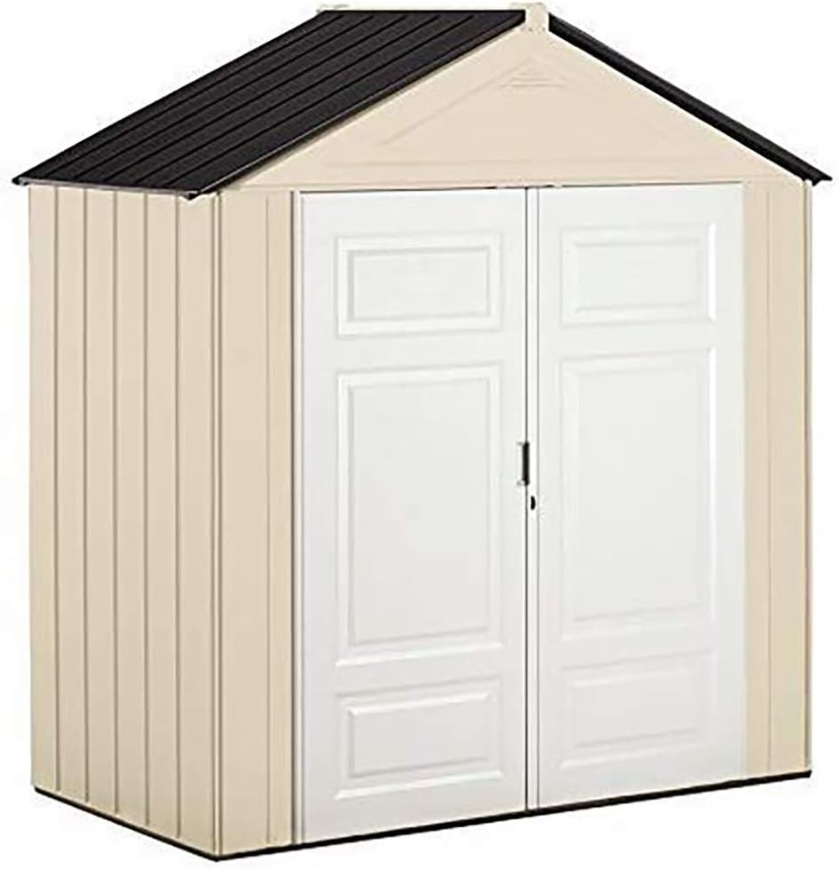 Rubbermaid Resin Outdoor Storage Shed With Floor (7 x 3.5 Ft), Weather Resistant, Beige/White, Organization for Home/Backyard/Garden Tools/Lawn Mower/Bike Storage/Pool Supplies