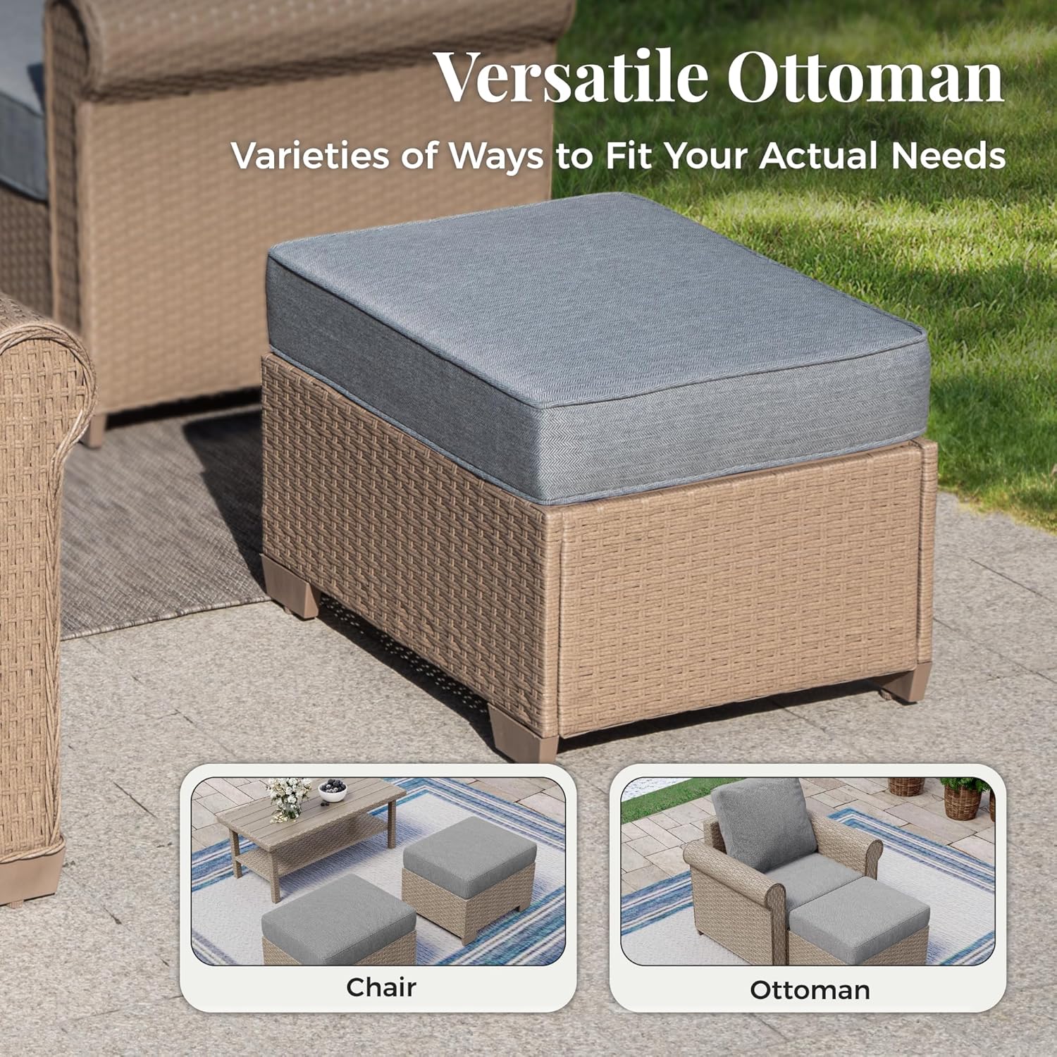 Patio Furniture Set 8 pcs, Wicker Outdoor Patio Furniture, 3-Seat Sofa, 4 Single Chairs, 2 Ottomans and 56