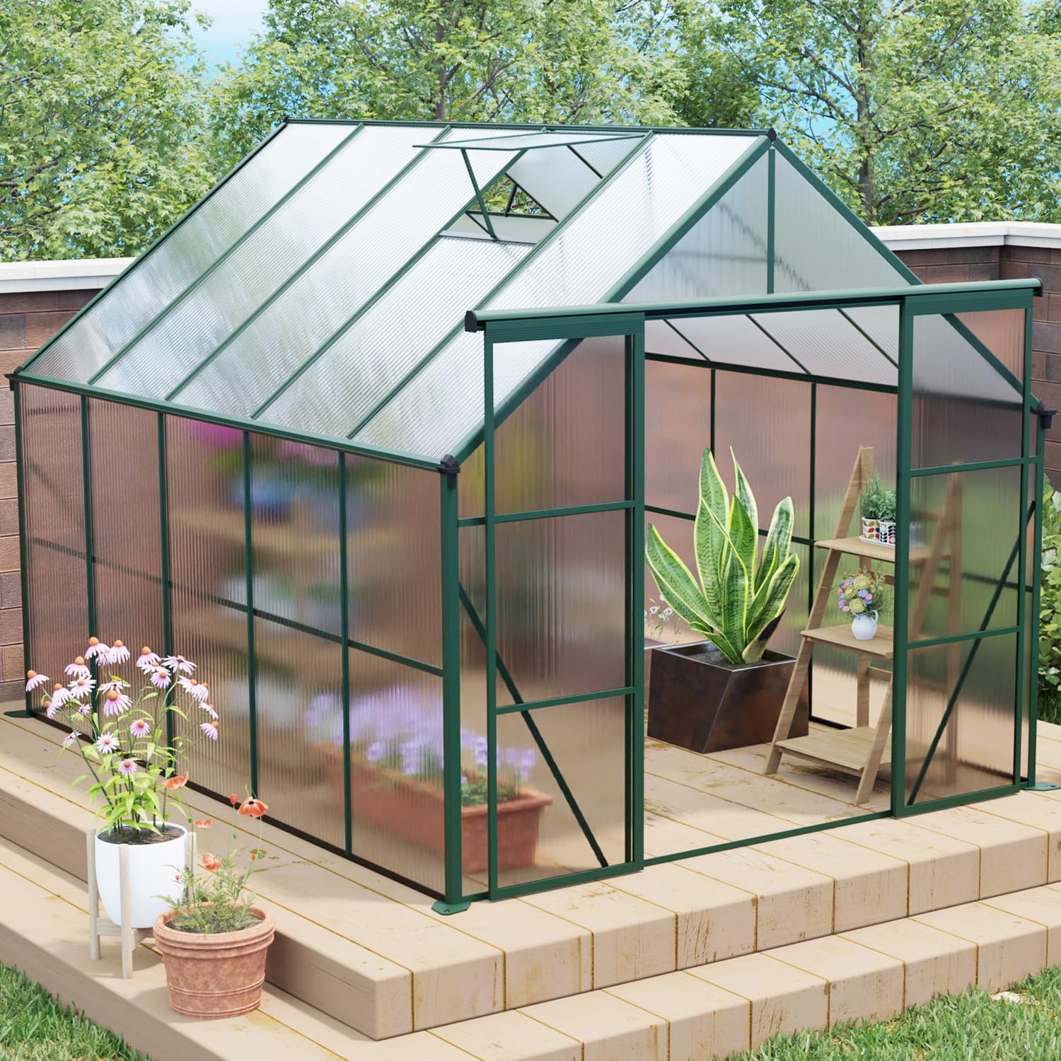 8x10 FT Greenhouse for Outdoors,Polycarbonate Greenhouse with Two-Sliding Door & Adjustable Roof Vent,Aluminum Large Walk-in Greenhouse for Outside Garden Backyard,Green