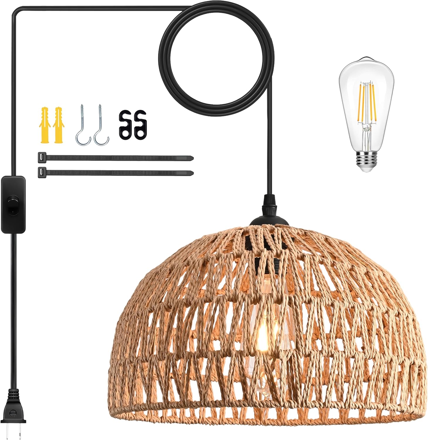 Brown Rattan Light Fixture 15ft Plug In Pendant Light Woven Pendant Light Boho Chandelier Wicker Pendant Light Boho Pendant Light Plug In for Dining Room Kitchen Island Bedroom(Bulb Incl.)