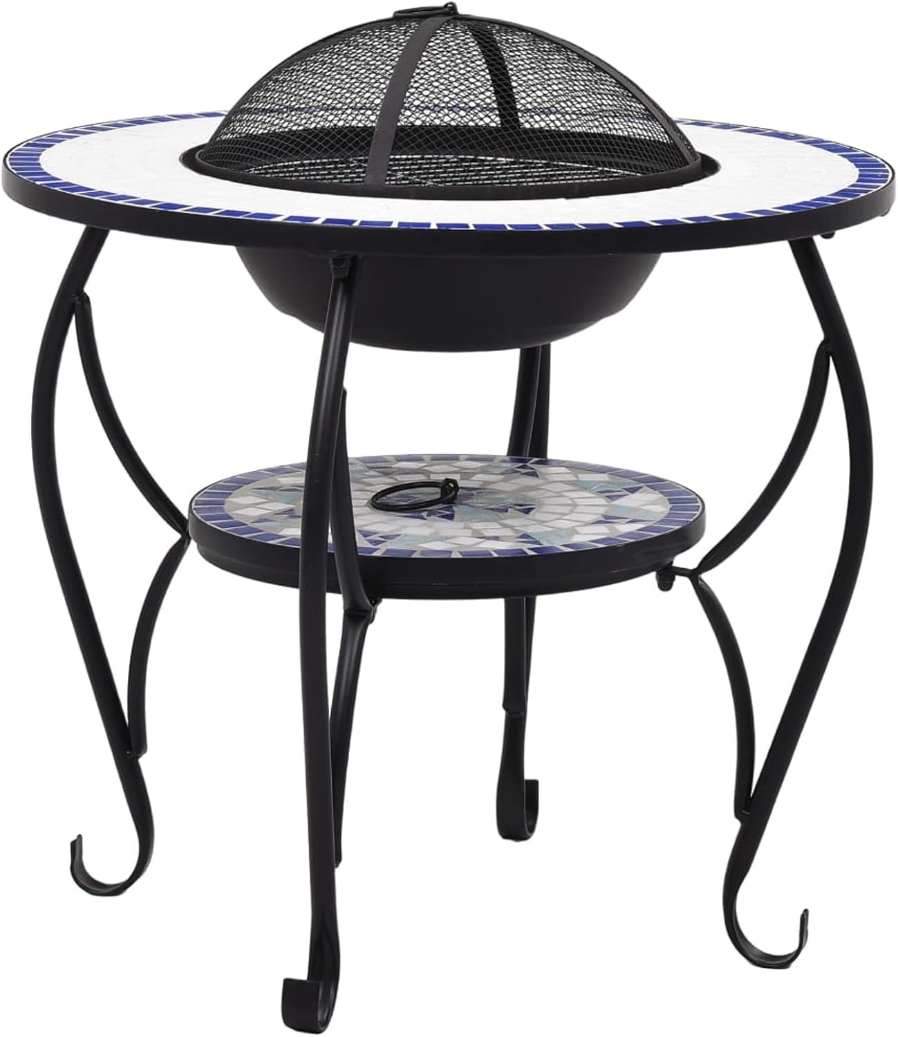 Blue and White Steel Fire Pit Table with Ceramic Surface - Garden & Patio Decor, Heat Absorbing, Safe Mesh, Multi-Use BBQ Model LYKLYD-46724US