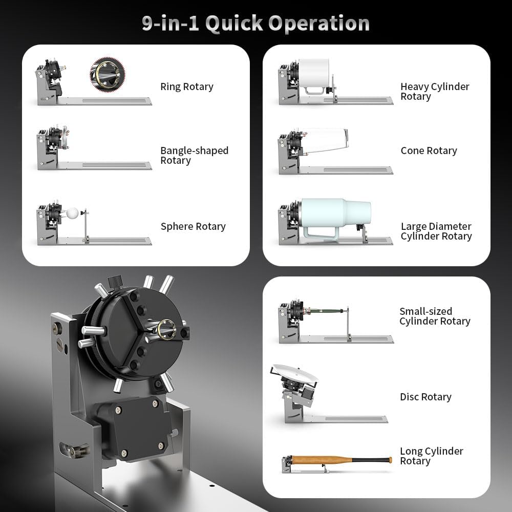 NEJE R6 Individual A-Axis 9-in-1 Rotary New Micron-Level Rotary Attachment for Laser Engravers, Quick Operation Chuck Roller Rotary Laser Engraver Engraving Accessories