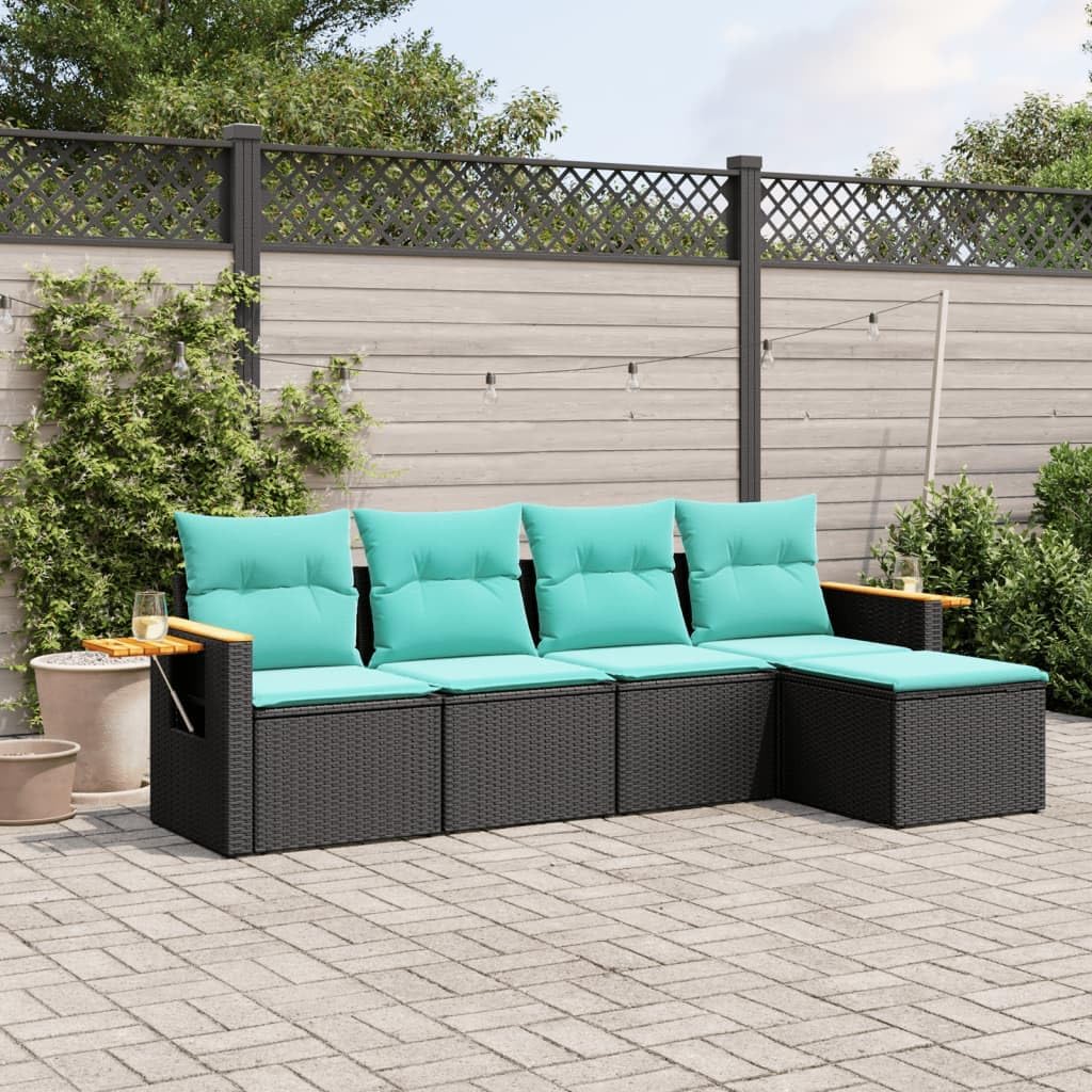 5-Piece Garden Sofa Set Black Blue Poly Rattan Outdoor Furniture with Cushions, Modern Woven Design for Patio Balcony Terrace, Durable Acacia Wood Frame Weather-Resistant