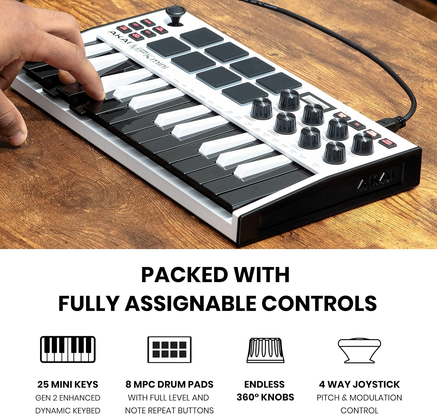 Akai Professional MPK Mini MK3-25 Key USB MIDI Keyboard Controller With 8 Backlit Drum Pads, 8 Knobs, Music Production Software and Native Instruments Sound Package (NKS Integration), White