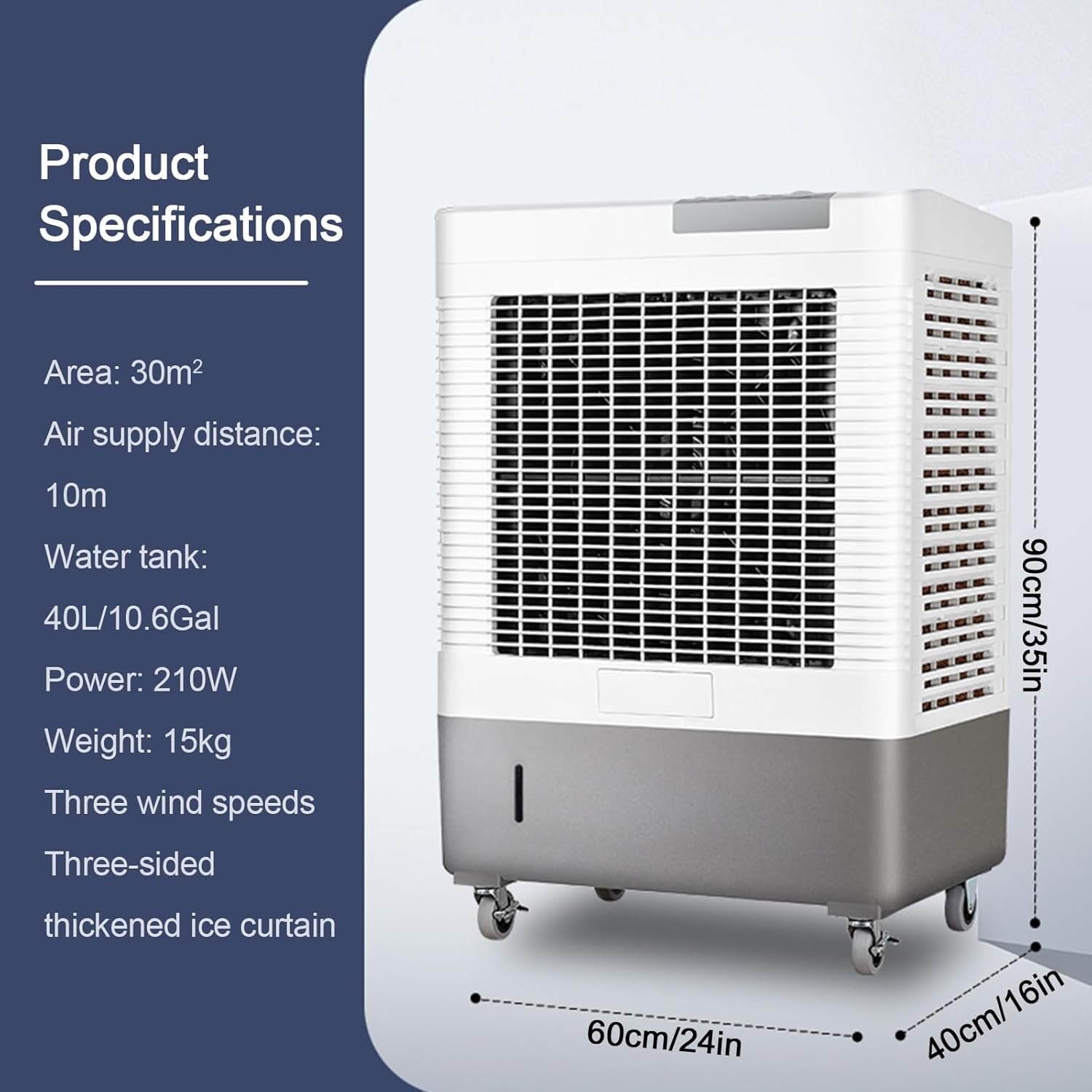 Industrial Air Conditioner Portable Evaporative Air Cooler Swamp Cooler with 10.6 Gallon Tank, 3 Speed Settings, Ideal for Cooling Homes, Garages, and Patios