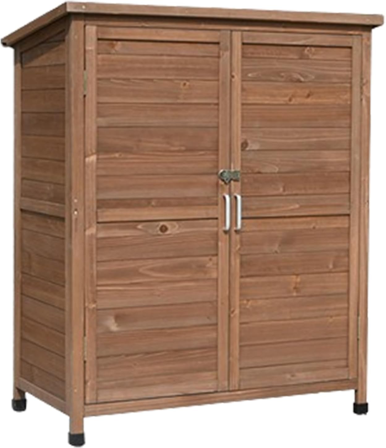 Small Vertical Tool Shed,Compact Tool Cabinet with Doors and Handles,Storage Cabinet with Waterproof Asphalt Roof, Double Lockable Doors, 2-Tier Shelves for Backyard (One Color Wood Color)