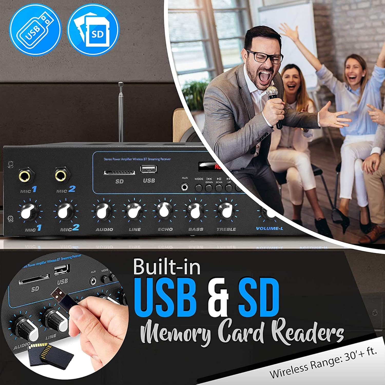 Pyle Professional Powered Amplifier & Bluetooth Receiver Stereo Audio System, FM Radio, (2) 1/4'' Microphone Input Jacks, MP3/USB/SD/AUX Playback, LCD Display ID3 Tag Readout 600 Watt - PT506BT.5