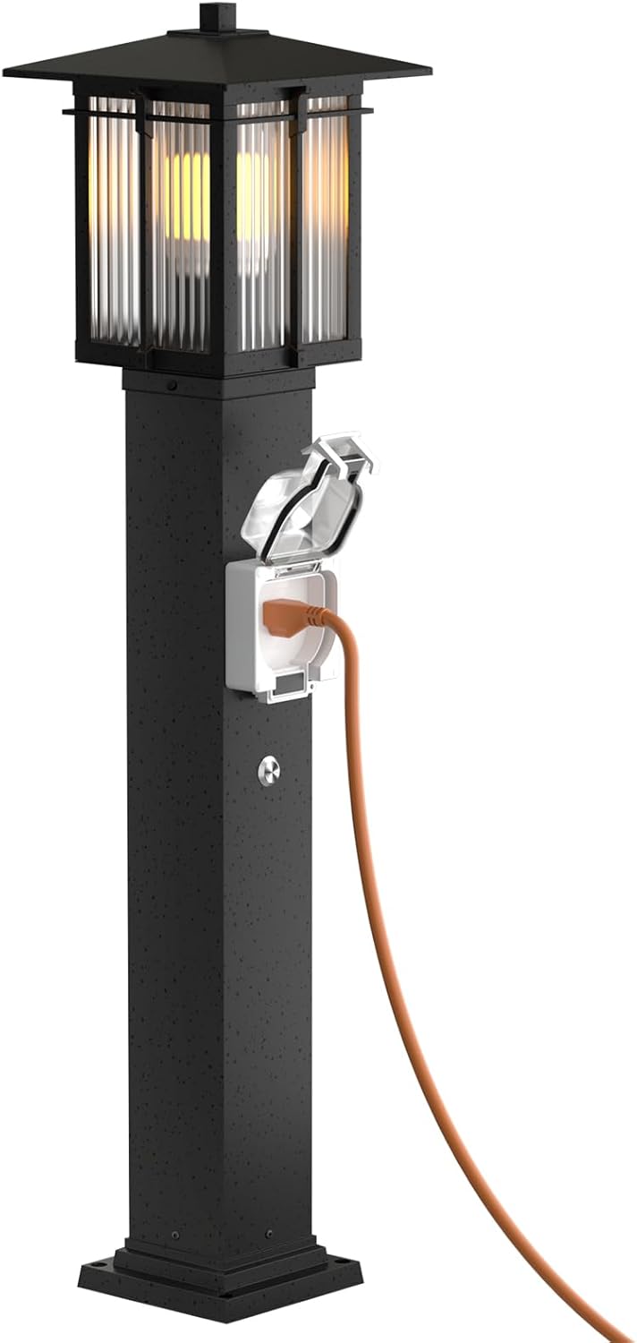 Outdoor Lamp Post with Outlet, Retro Outside Pole Lights for Yard, Soptted Black Aluminum Outdoor Post Light with Ribbed Glass, Street Pole Lamp for Garden Patio Pathway (40''H, 1 pc)