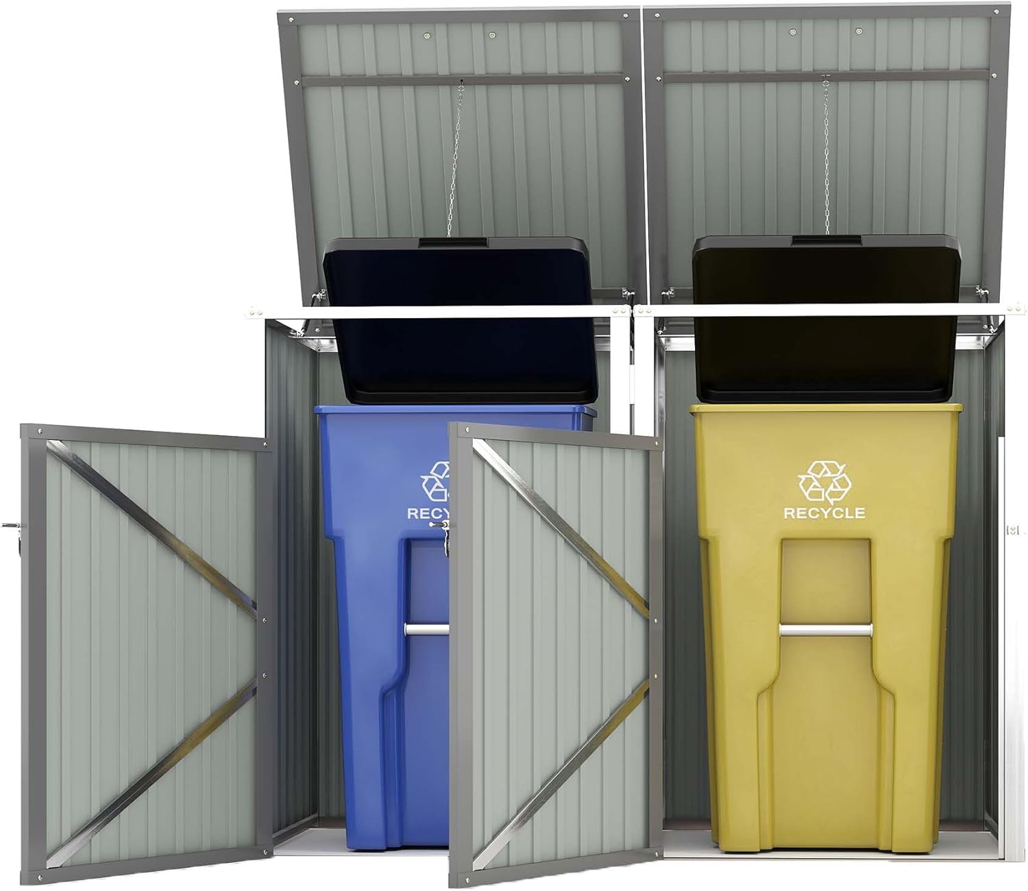 54 Cu.Ft Garbage Can Shed for Trash Storage, Outdoor Trash Can Storage 2 Trash Cans, Metal Garbage Can Hider Outdoor with Chain Lid for Garden Yard Lawn, Easy Assembly (Light Grey)