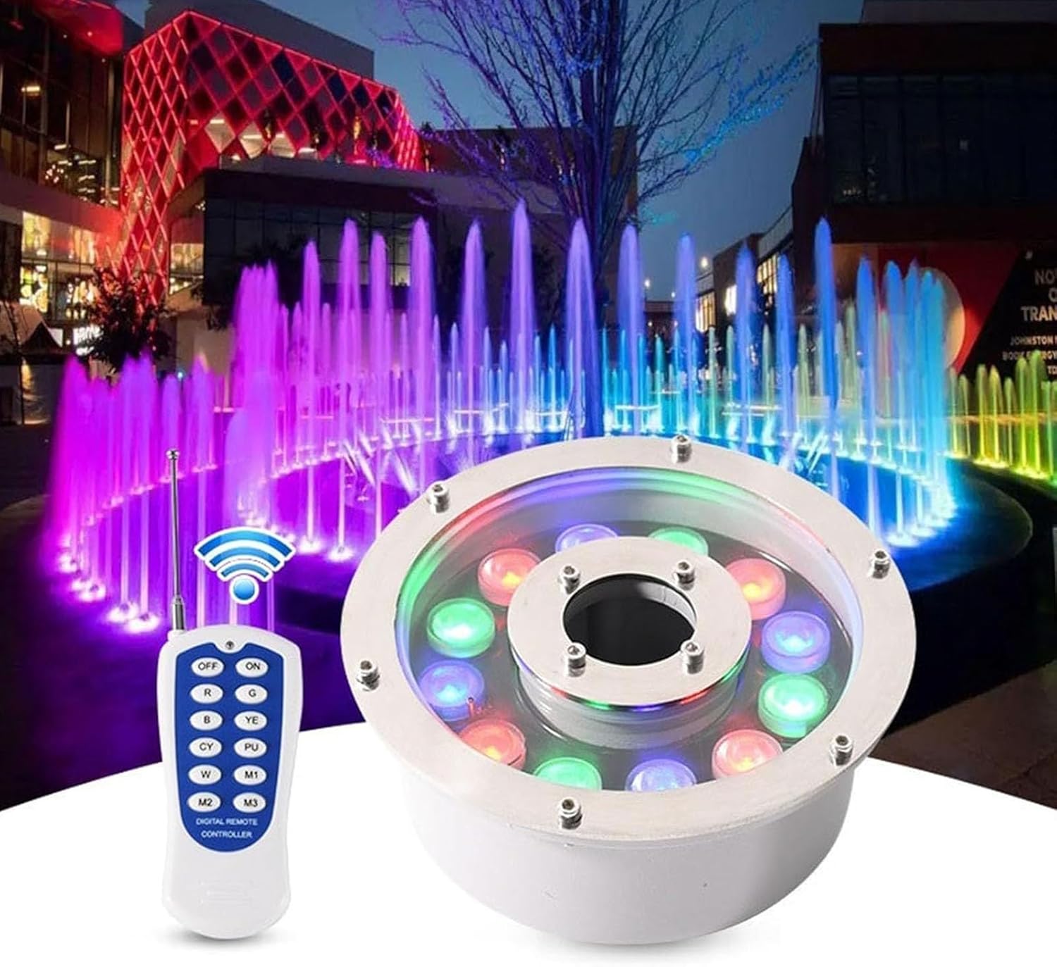 Submersible LED Fountain Light - Ring Swimming Pool Underwater Lamp, IP68 Waterproof Middle Hole Pond Lighting, 12/24V RGB Landscape Lamp, with Remote Control(24w(24V))
