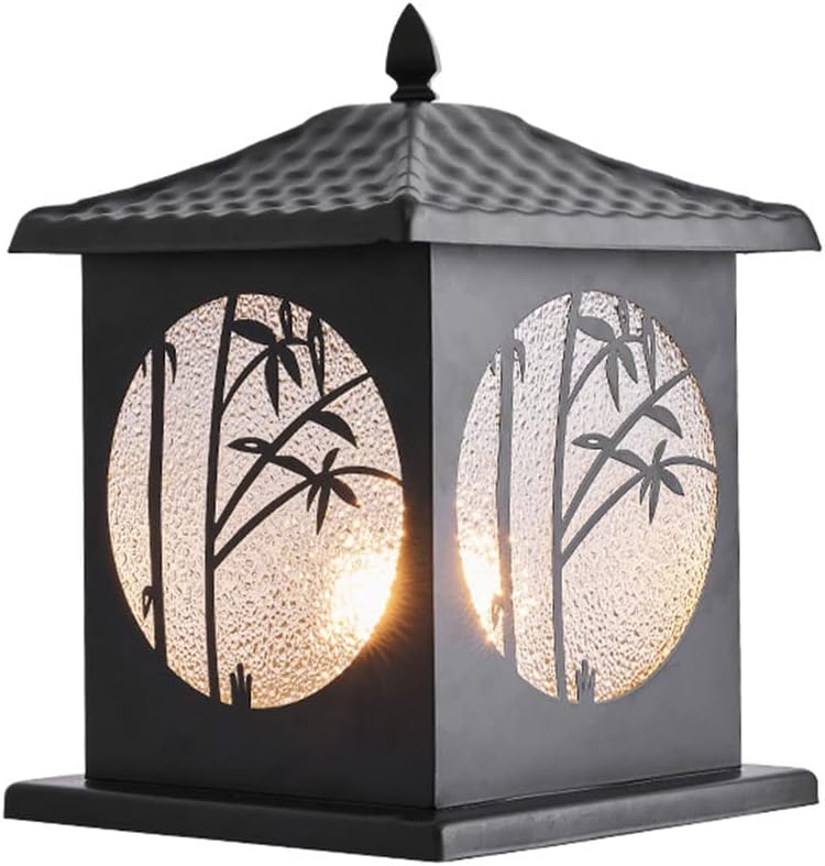 Vintage Chinese Landscape Lighting Waterproof Led Courtyard Outdoor Column Lights Exterior Post Light Fixture for Porch, Patio Decorative Light with Seeded Glass