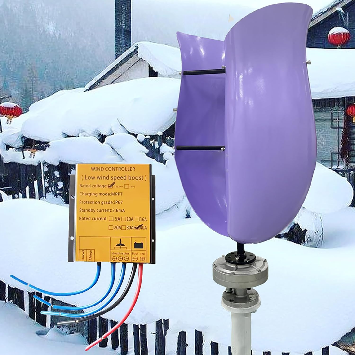 1500W / 3000W Wind Turbine Generator Kit 12V / 24V / 48V 2-Blade Vertical Axis Wind Turbine Generator, Maglev Generator with MPPT Controller, Purple Electricity Producer Equipment,1500w,48V