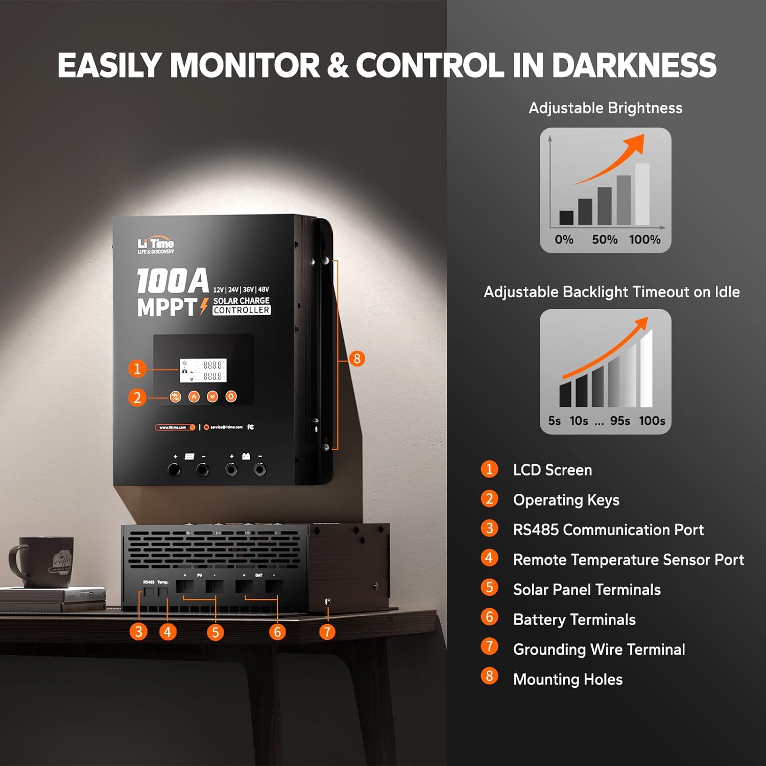 LiTime MPPT Solar Charge Controller (Bluetooth) - Solar Panel Regulator -150V, 100Amp, 12/24/36/48Volt for LiFePO4 and Lead-Acid Battery in Solar System
