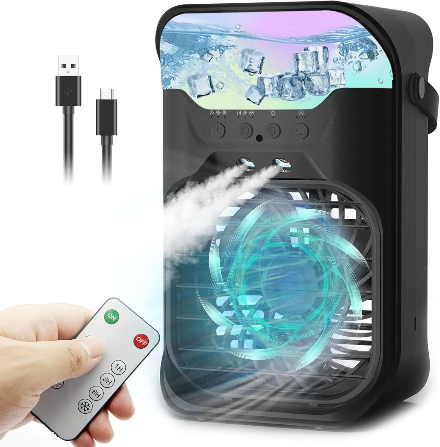 IWENNUAN Portable Air Conditioners, 4 in 1 Portable AC Unit with Remote, 1500ml Water Tank, 3 Speeds, 6H Timer, 2 Spray Mist, 7 Night Light, Personal Mini Air Conditioner for Bedroom, Black