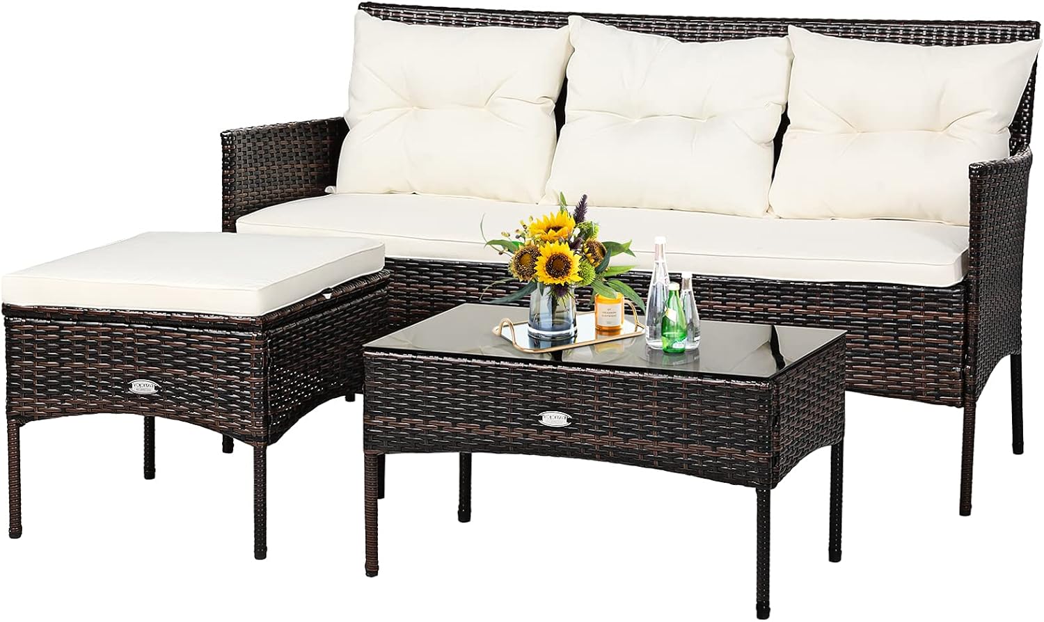 Tangkula 3 Pieces Patio Conversation Set, Outdoor PE Rattan Wicker Furniture Set W/Cozy Cushions, All Weather Sectional Sofa Set W/Tempered Glass Coffee Table for Poolside, Backyard, Garden