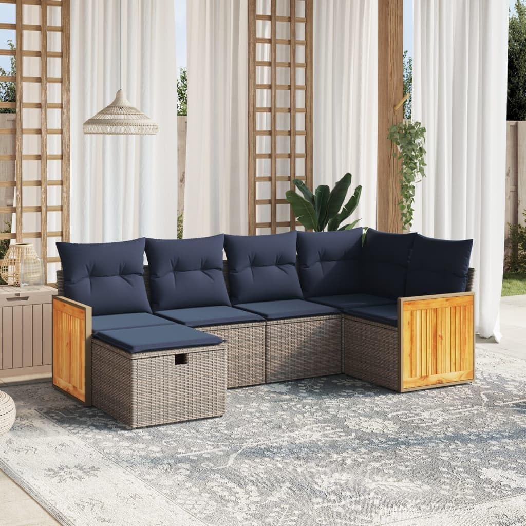 6 Piece Gray Poly Rattan Patio Sofa Set with Cushions, Modular Outdoor Furniture for Backyard, Terrace, UV-Proof