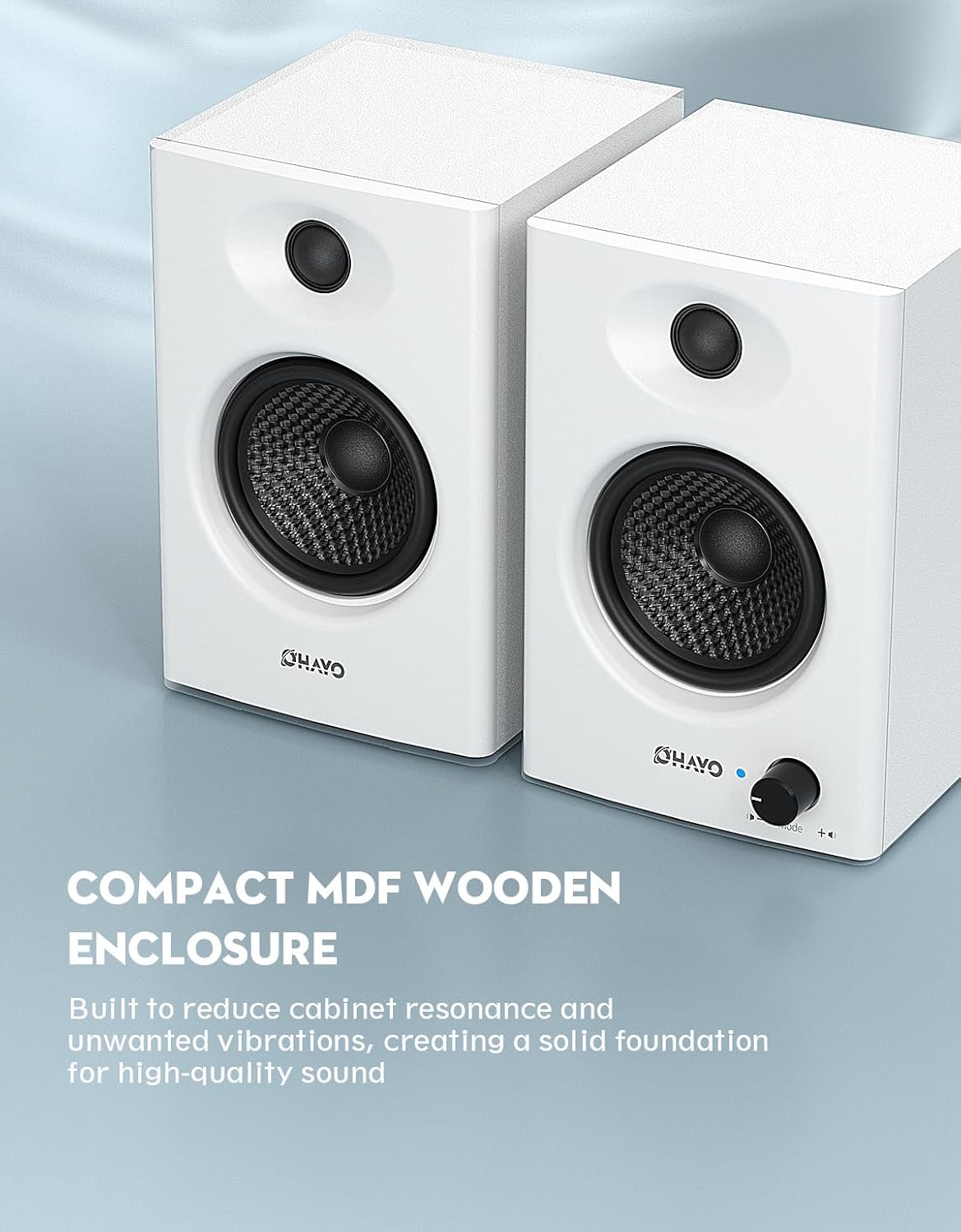 OHAYO 60W Computer Speakers for Gaming and Music, Active Bluetooth 5.3, Stereo 2.0 Speakers for Desktop PC Monitor or Laptop, Surround Sound Speaker, 3.5 mm Aux RCA Input, USB-Powered, 1 Pair, White