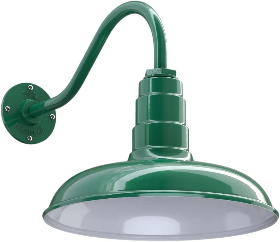 Steel Lighting Co. Topanga Barn Light | Outdoor Wall Mounted | Farmhouse Garage Light Made in America | 14 inch Dome | 16 inch Gooseneck | Green Exterior/White Interior