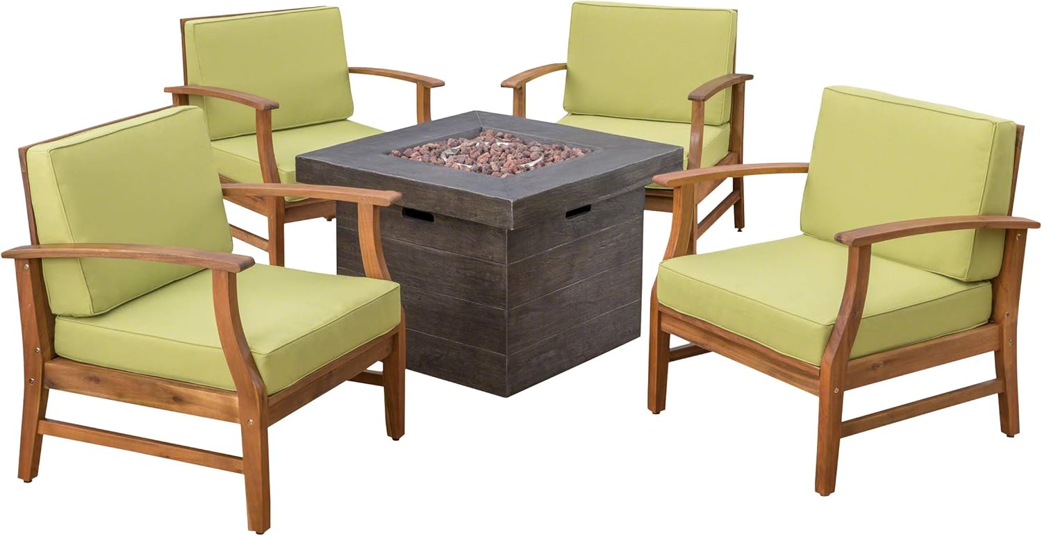 GDFStudio Noble House Havana 5 Piece Outdoor Acacia Wood Chair and Firepit Set in Green