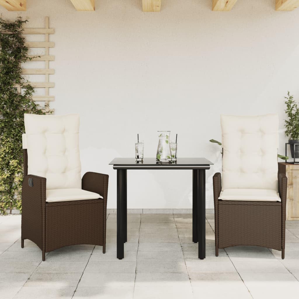 3 Piece Patio Dining Set with Cushions Brown Poly Rattan Garden Furniture