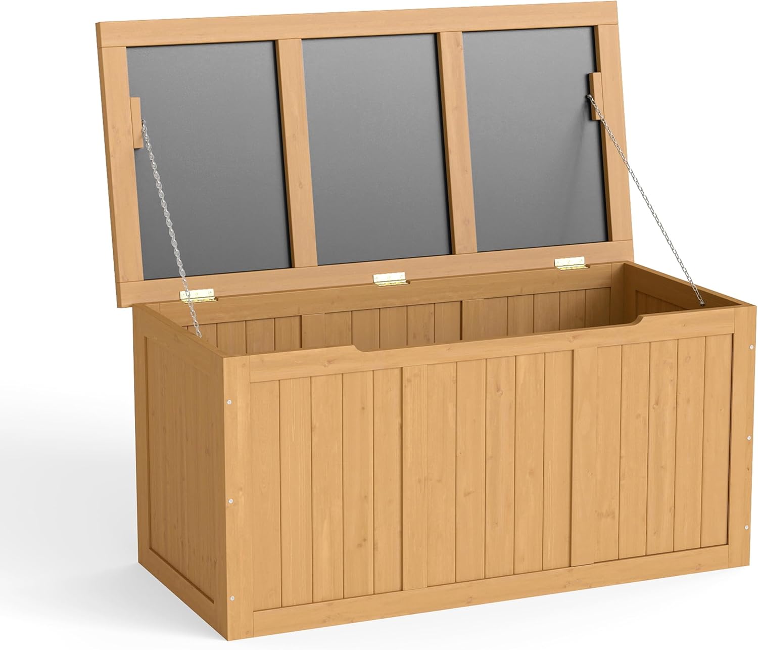 67-Gallon Outdoor Wooden Deck Box – Solid Wood Storage Bench with Seat & Table Top, Weather-Resistant Patio Cushion & Pool Toy Organizer (Light Brown)