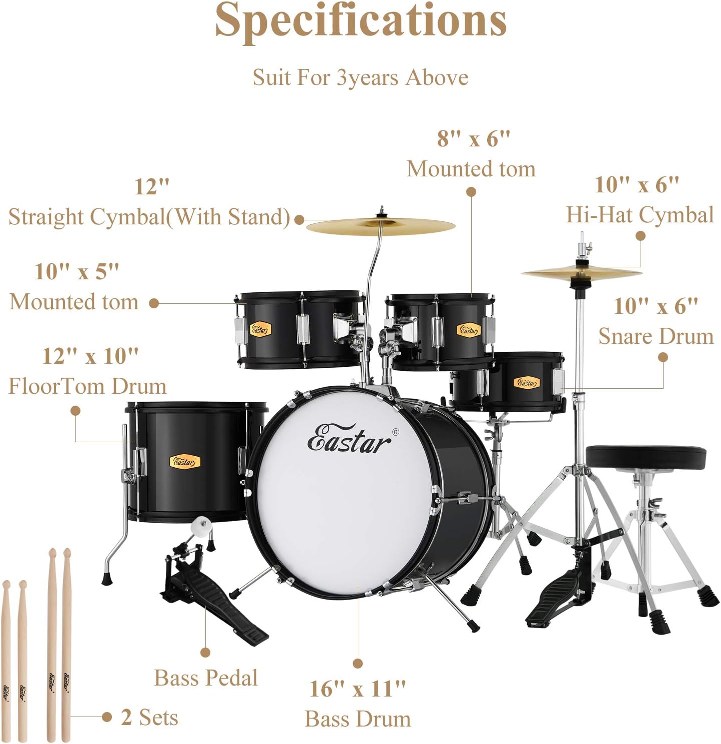 Drum Set Eastar 16 inch 5-Piece, Junior Drum Kit for Beginners Kids Teenagers with Adjustable Throne and Cymbal, Pedal & Drumsticks, Metallic Black (EDS-350MBK)