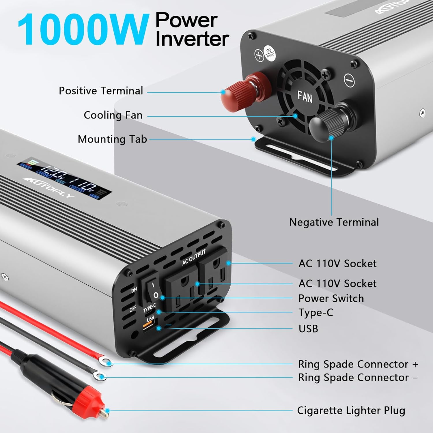 1000W Pure Sine Wave Power Inverter DC 12V / 24V to AC 110V(2 Outlets), 2000 Watt Peak Power, Car Charger Plug Inverter Adapter Converter with Type-C & USB Charging Ports LCD Smart Screen