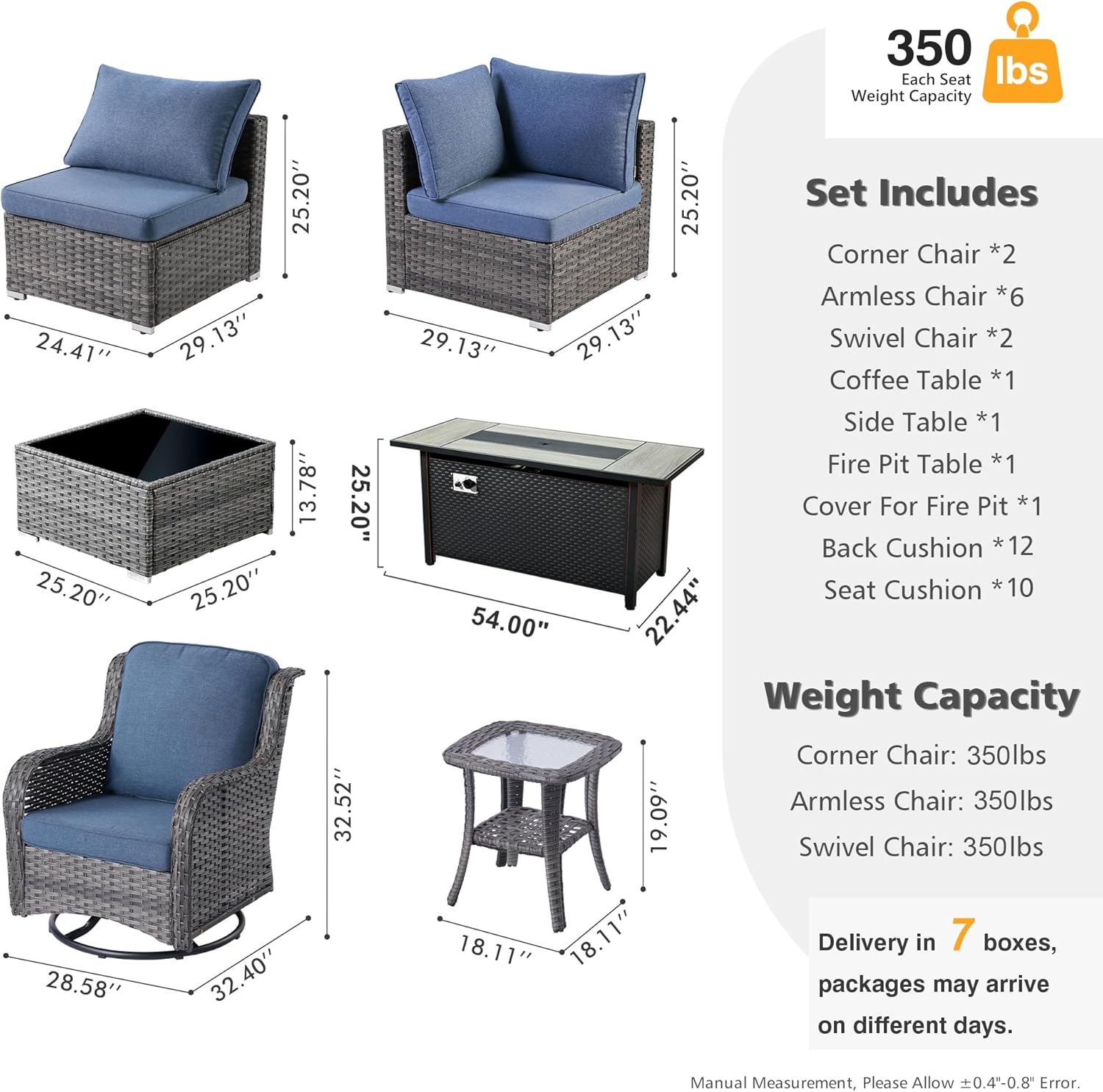 HOOOWOOO Outdoor Patio Furniture with Fire Pit Set 13 Pieces Patio Set with Fire Pit Wicker Outdoor Furniture with Fire Pit Table Set Patio Sectional Set with Swivel Chairs,Denim Blue