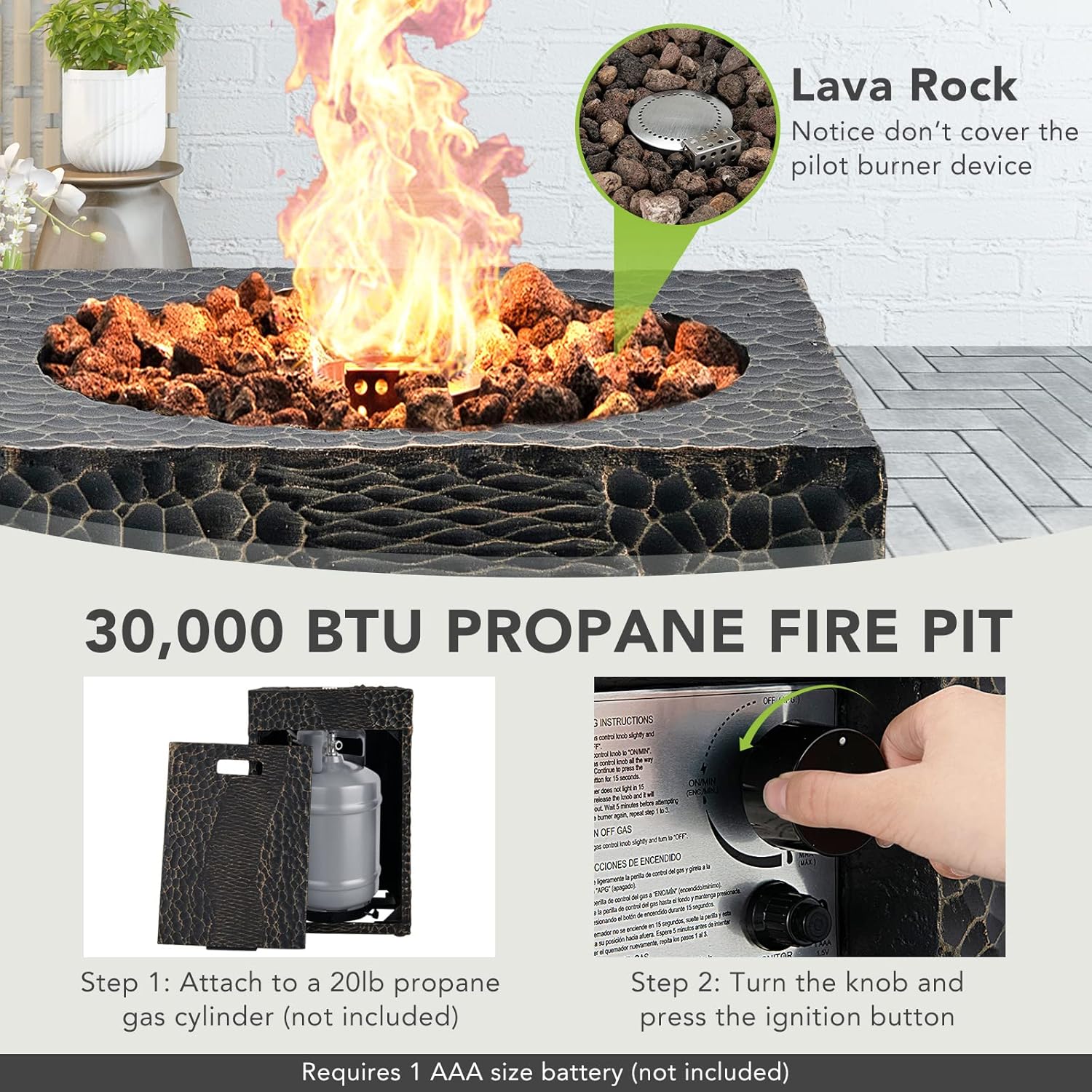 Giantex Fire Pit for Outside 16’’Gas Fireplaces, 30,000 BTU Electronic Ignition Square with Lava Rocks, Instant Touch-up Pen, Waterproof Cover, for Patio,Outdoor, CSA Certified Outdoor Firepits(Black)