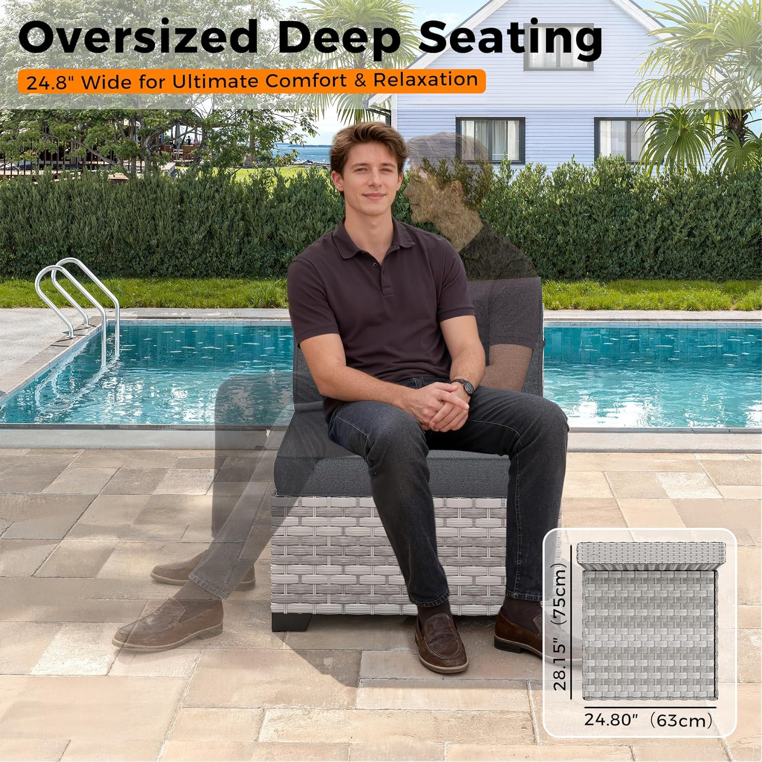 6-Seat Modern Outdoor Wicker Rattan Patio Furniture Set with 55,000 BTU Fire Pit Table, Thick 4″ Cushions, All-Weather Dual-Strand Rattan, Rust-Resistant Steel Frame,Black