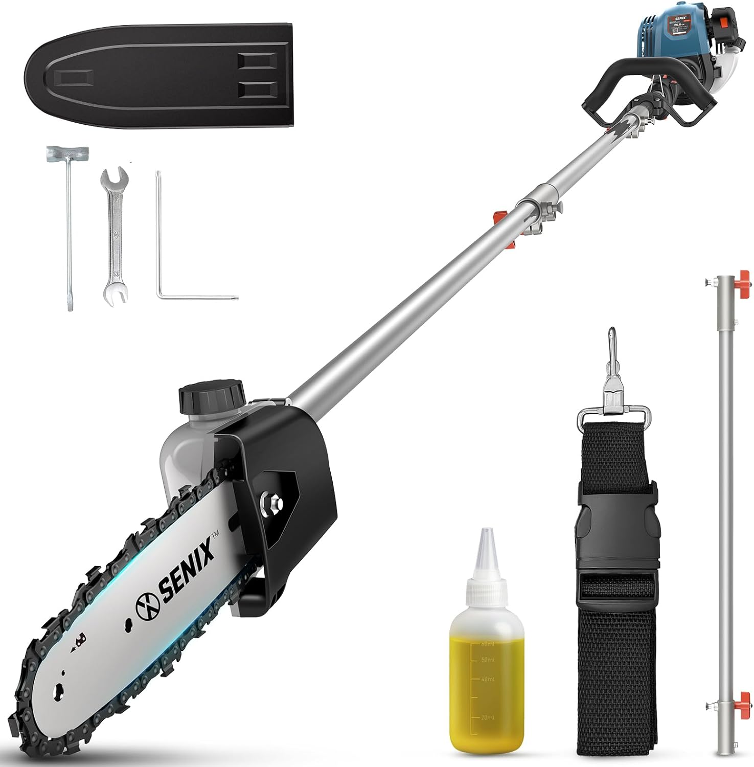 SENIX CSP4QL-L 4QL 26.5 cc 4-Cycle Gas Powered Pole Saw with 8-Inch Bar and Chain, Chain Saw Tree Trimmer with Adjustable Extension Pole, Harness Included