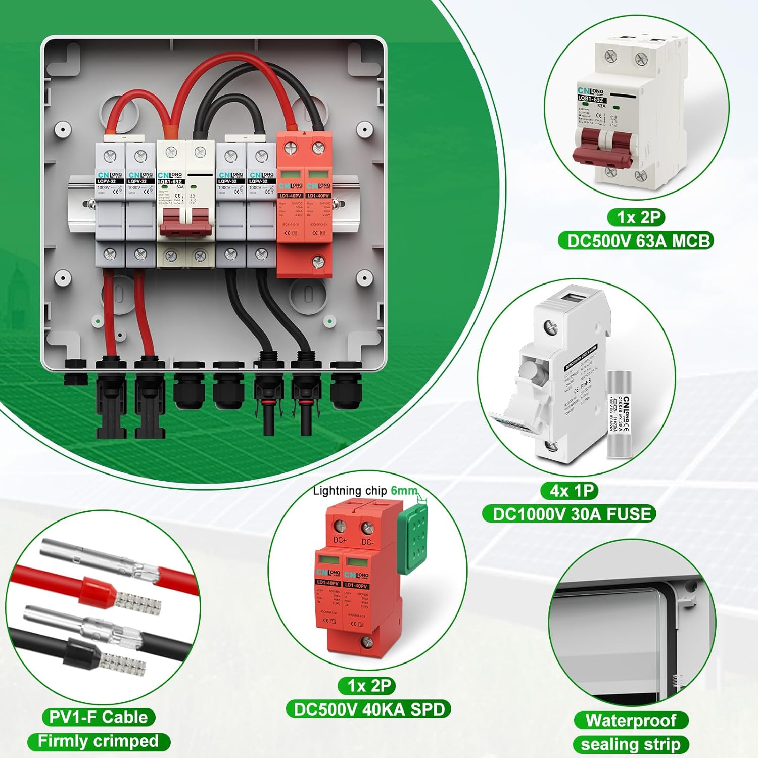 2 String Solar PV Combiner Box IP65 2 in 1 Out DC500V 63A Circuit Breaker & 10pcs Fuse Link 30A with Surge Protector and 30A PV Fuse,Solar Disconnect Switch Outdoor Waterproof for Solar Panels System