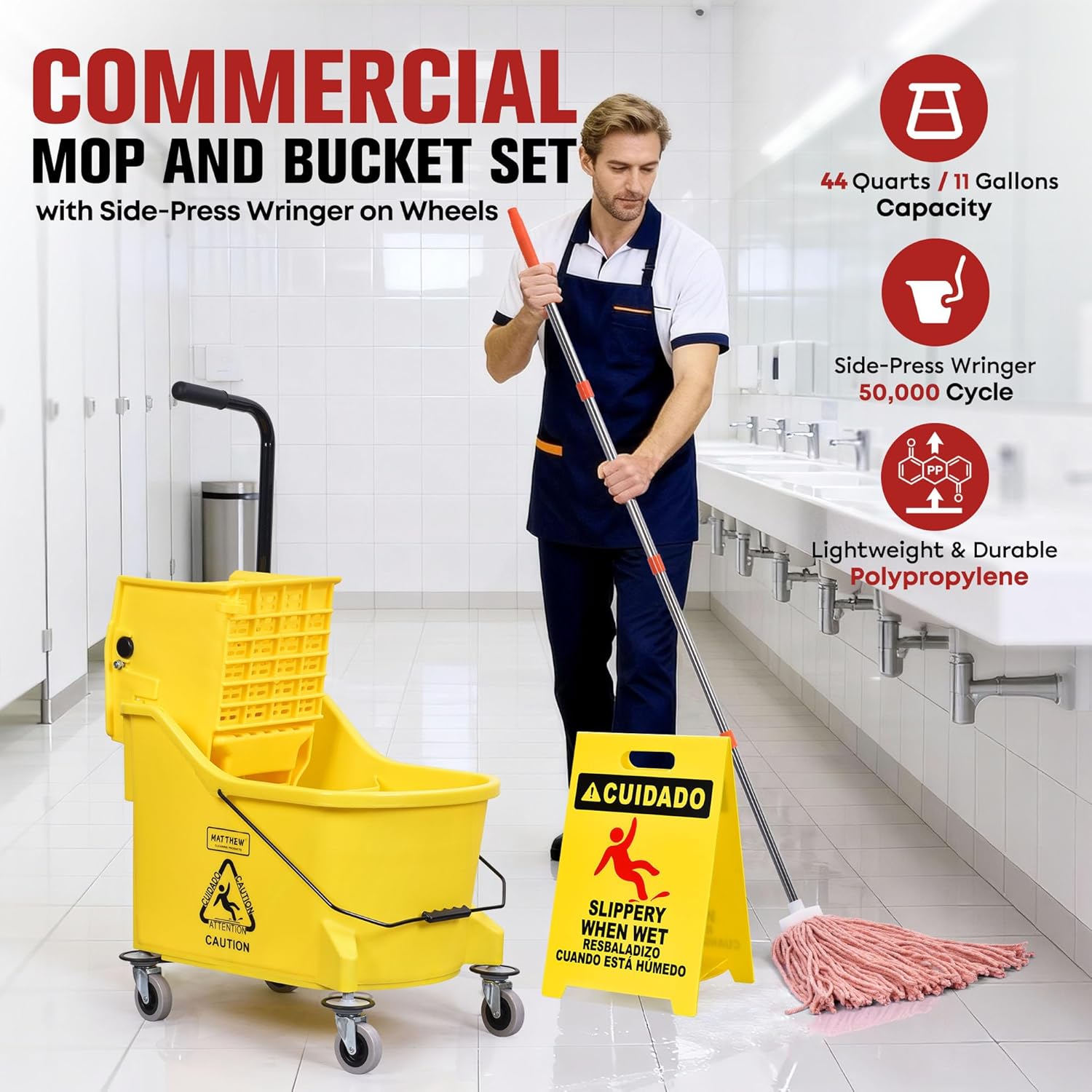 Matthew Cleaning 44Quart Commercial Mop Bucket INCL.Wet String Mop& 19'' Industrial Wet Floor Sign with Side Press Wringer On Wheels,Tandem Portable Floor Cleaning Wavebrake,Ideal for Household
