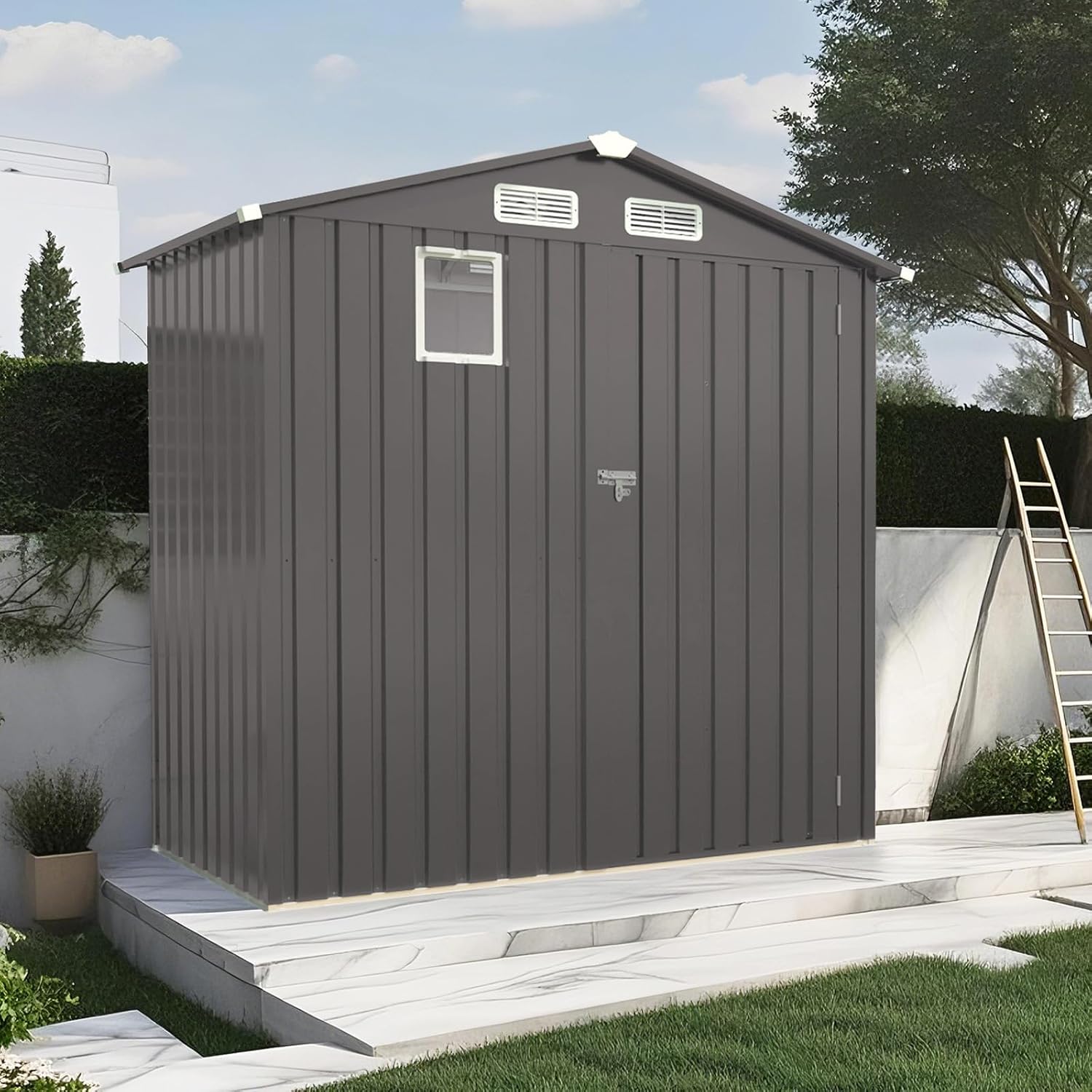 Outdoor Storage Shed 6 x 3.6 FT Metal Tool Shed with Peaked Roof, Metal Garden Shed Anti-Corrosion Storage House with Clear Window, Lockable Door for Backyard, Patio, Sundries, Gray (Clear Window)