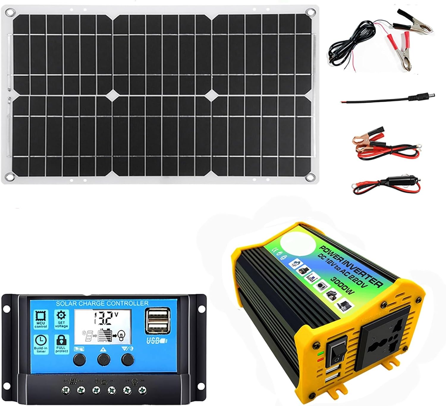 3000W 12V Solar Panel Kit with 18W Panel, 30A Charge Controller, Inverter for 110V/220V Output, Off-Grid Power Supply for RV, Home, Camping, Backup Generator System(Black,12-110v)