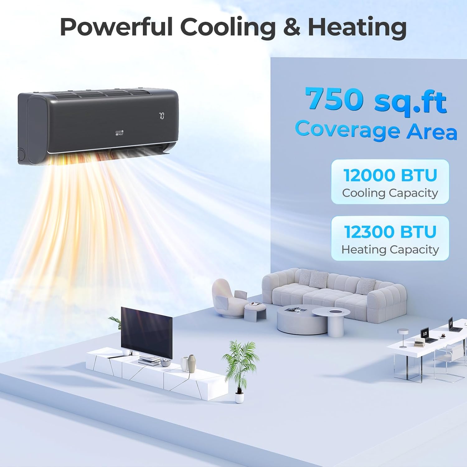 COSTWAY 12000BTU Mini Split Air Conditioner& Heater, 22 SEER2 115V Inverter Heater Pump System Cools Up to 450 Sq. Ft, Compatible with Alexa, Installation Kit (12000BTU, 115V, 22 SEER2)