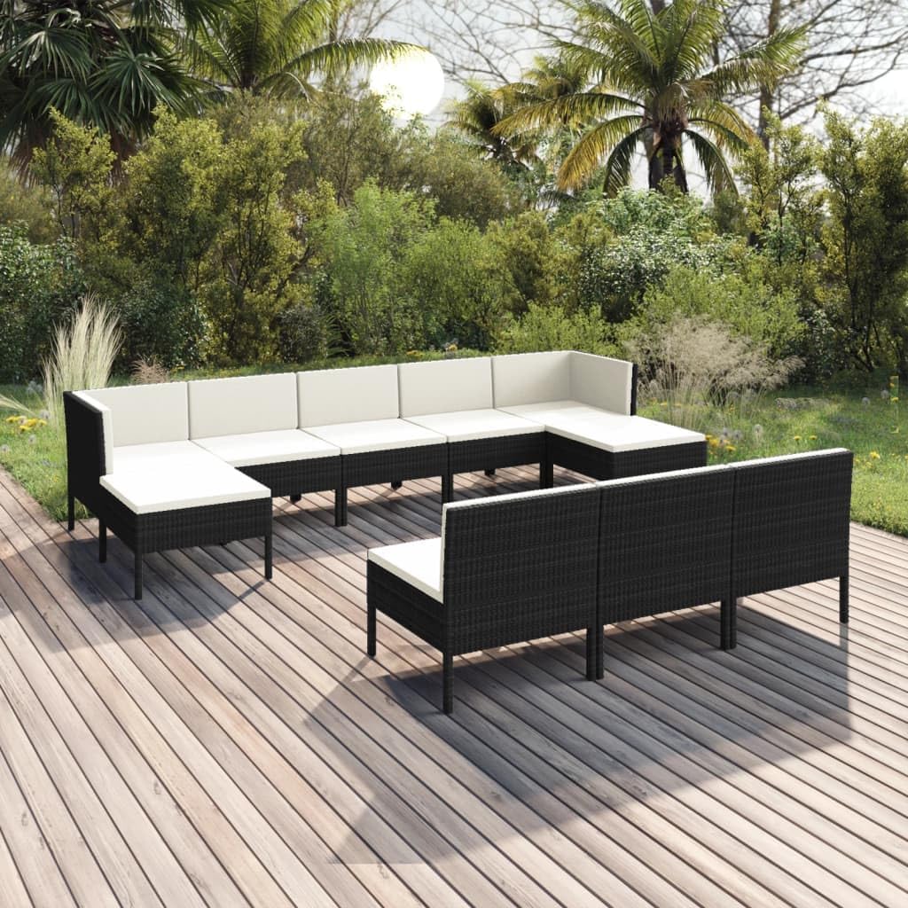 10 Piece Patio Lounge Set with Cushions Poly Rattan Black,Black Patio Lounge Set with Thick Cushions and Modular Design for Comfort and Relaxation Patio Furniture, Outdoor Furniture Sets