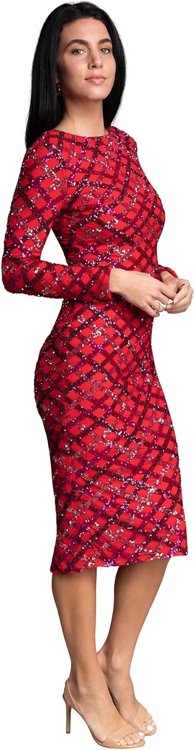 Dress The Population Womens Emery Long Sleeve Stretch Sequin Midi Sheath Ddr147