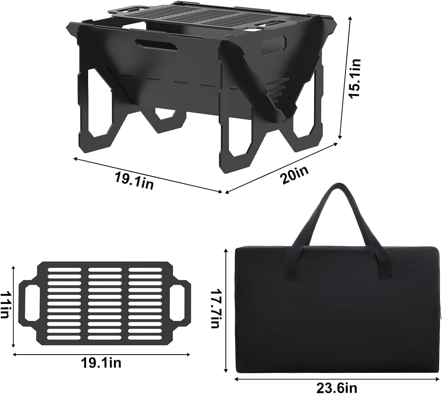 ACCPO Fire Pit 20 inch Outdoor Portable 2 in 1 Wood Burning Fire Pit Heavy Duty Steel Fire Pit for Patio & Backyard Bonfire BBQ Camping Grill Grate (Black)