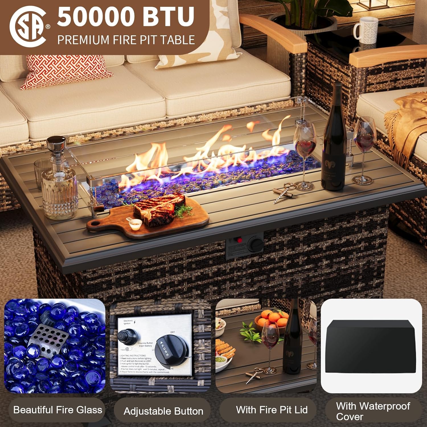 MEISSALIVVE 10 Pieces Patio Furniture Sets with Fire Pit Table, Wicker Outdoor Conversation Sets with 4 Swivel Rocker Chairs, 2 Single Chairs, 2-seat Sofa and Side Table(Brown)