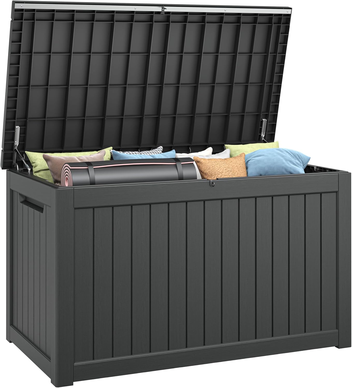 230 Gallon Large Resin deck box Waterproof,Outdoor Storage Bench,Patio Storage Box,Garden Tool Storage,UV-Resistant & All-Weather,Wood-like Striped BLack