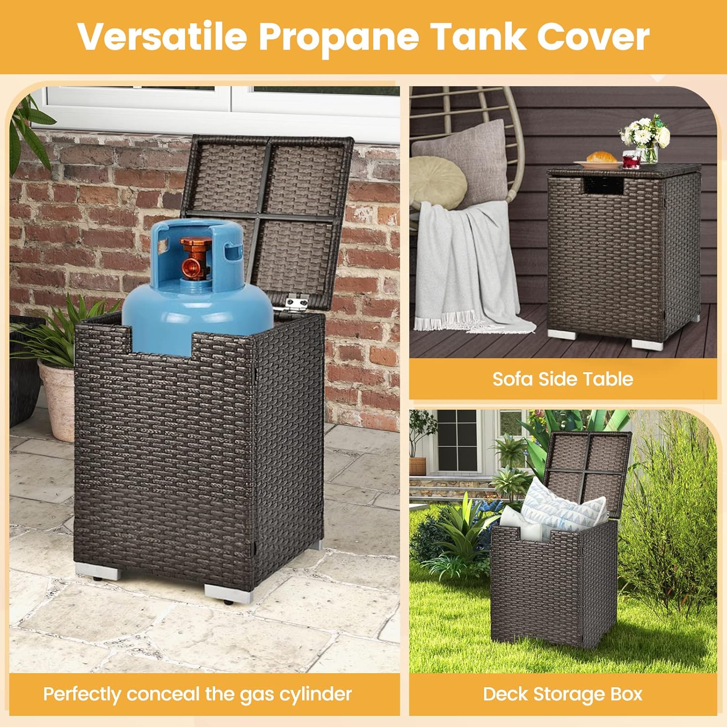 TANGZON Outdoor Fire Pit Table and Propane Tank Hideaway Table, 40,000 BTU Rattan Fire Pits with Lava Rocks, Side Handles & Waterproof Cover, Gas Tank Holder (2PCS Fire Pit & Hideaway Table Set)