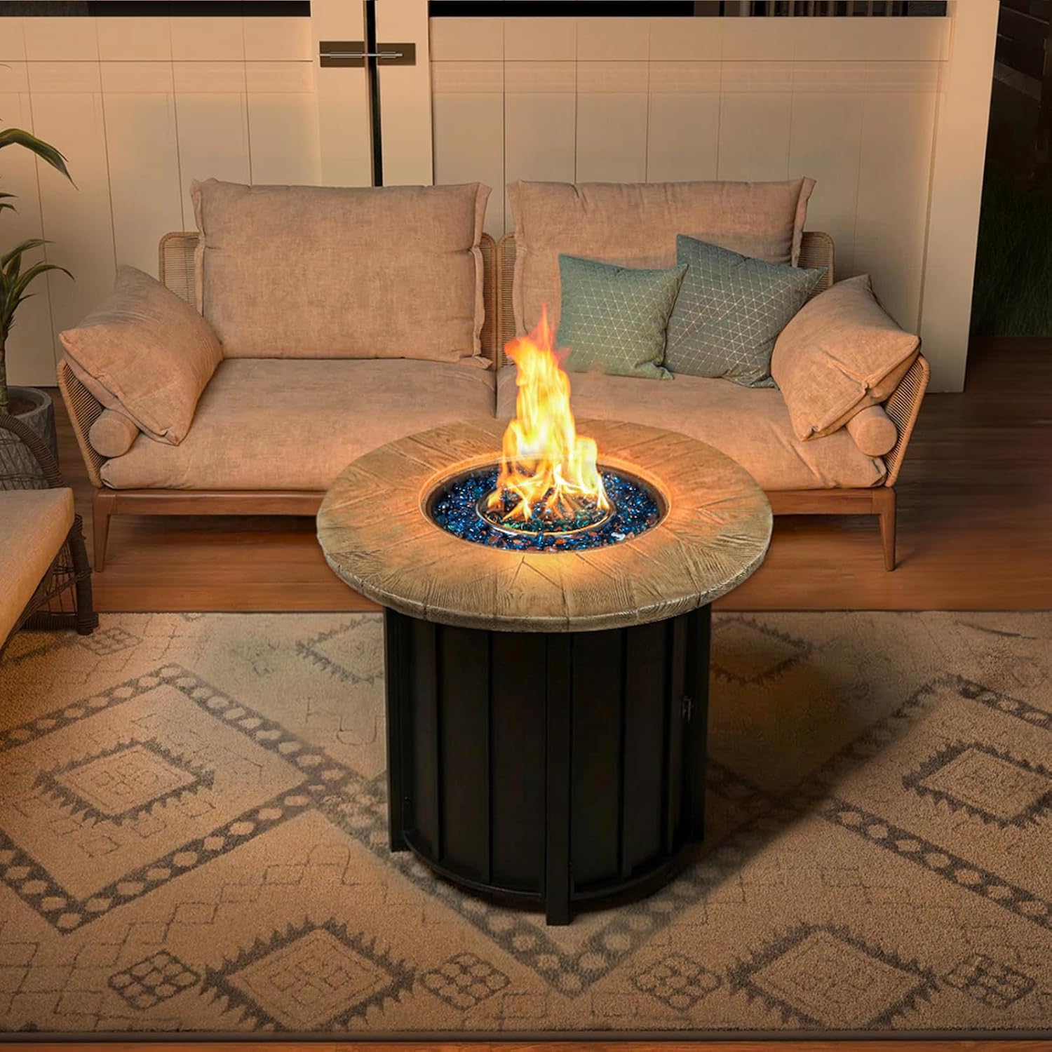 30 Inch Round Propane Fire Pit Table,50000 BTU Outdoor Gas Firepit with Automatic Ignition & Lid Cover,Iron Steel Firepit for Outside,Patio,Deck,Backyard w Glass Stones & Rain Cover