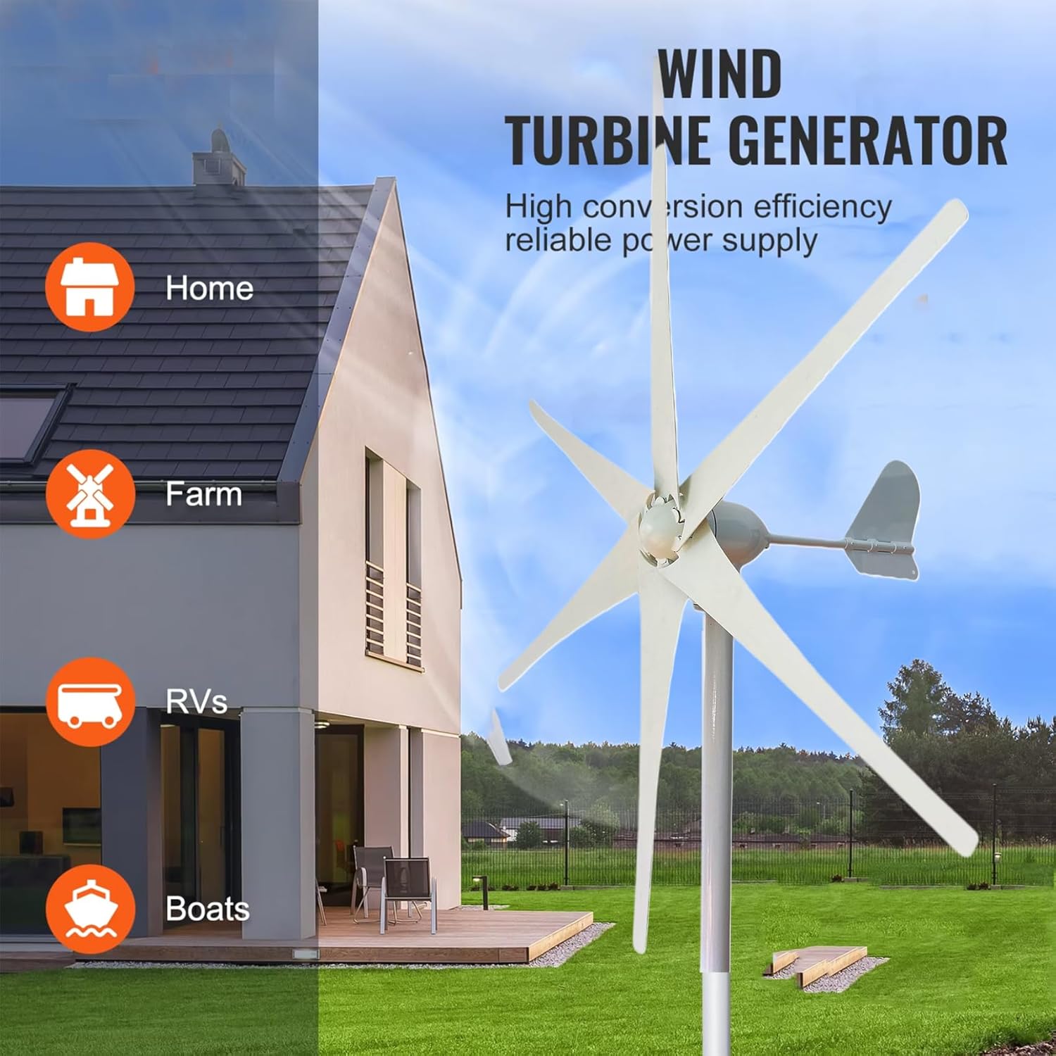 2500W Vertical Wind Generator Wind Turbine 12V Input - 220 V Output with Controller Turbine Vertical Gearless Permanent Magnet AC Alternator (6 Blade,12V 24V 48V)