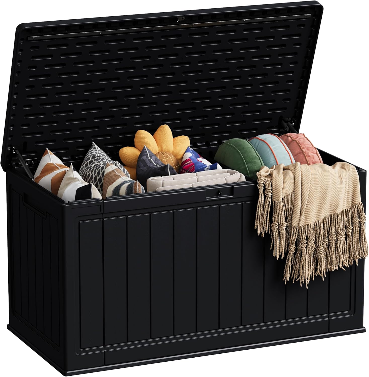 GUNJI 160 Gallon Resin Deck Box with Divider and Side Handles, Large Outdoor Storage Box, Waterproof & Lockable Storage Container for Patio Furniture, Garden Tools, Pool Supplies (Black)