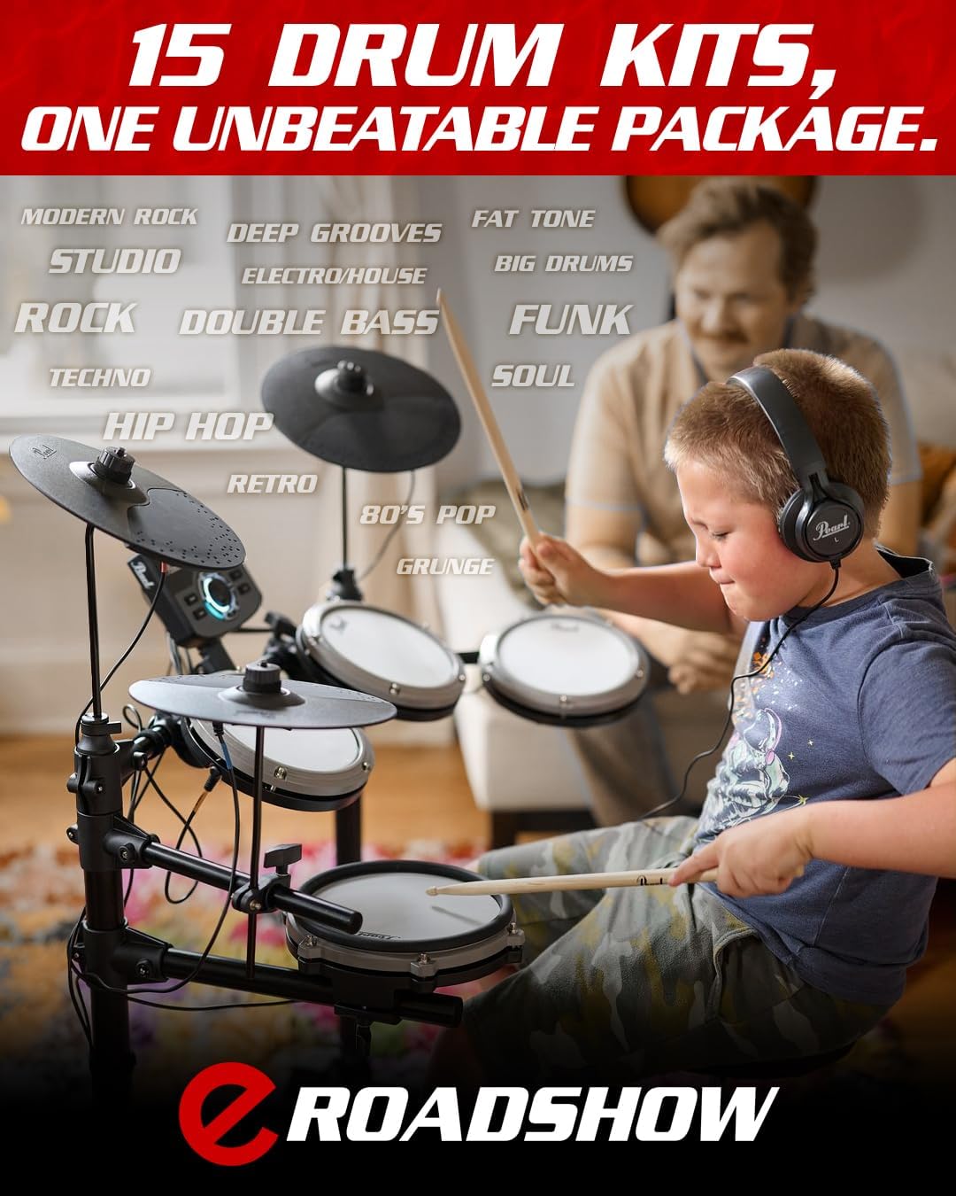 Pearl ERS1000 eRoadshow Electronic Drum Set, Complete Kit with Four Quiet Mesh Pads, Two Pedal Controllers, Cymbal Pads, Throne, Drum Rack, Headphones, and Sticks
