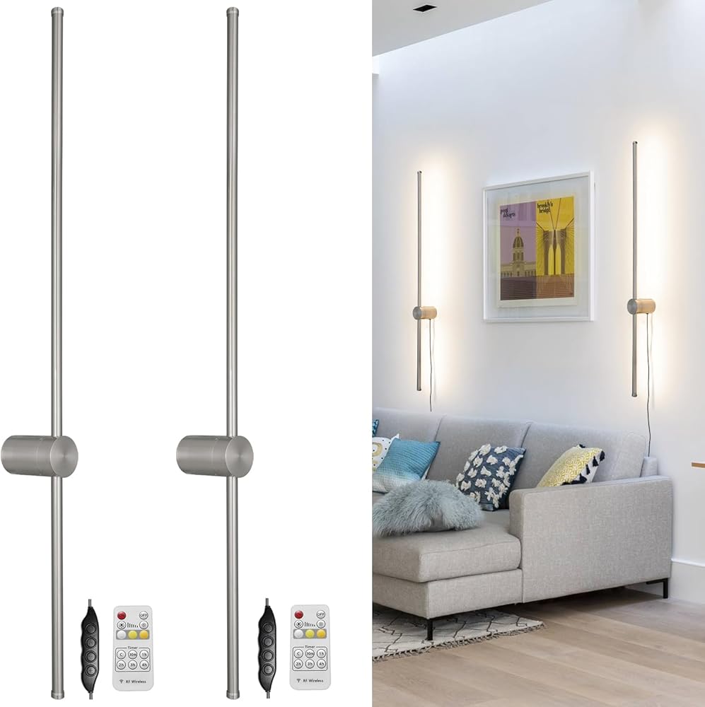 Brush Nickel Plug in Wall Sconces Set of Two, Modern LED Wall Lamp with Remote Control, 3 CCT 3000K-5000K Dimmable, Plug in Wall Light with Timer, 39.4 Inches Wall Sconces with Memory Function