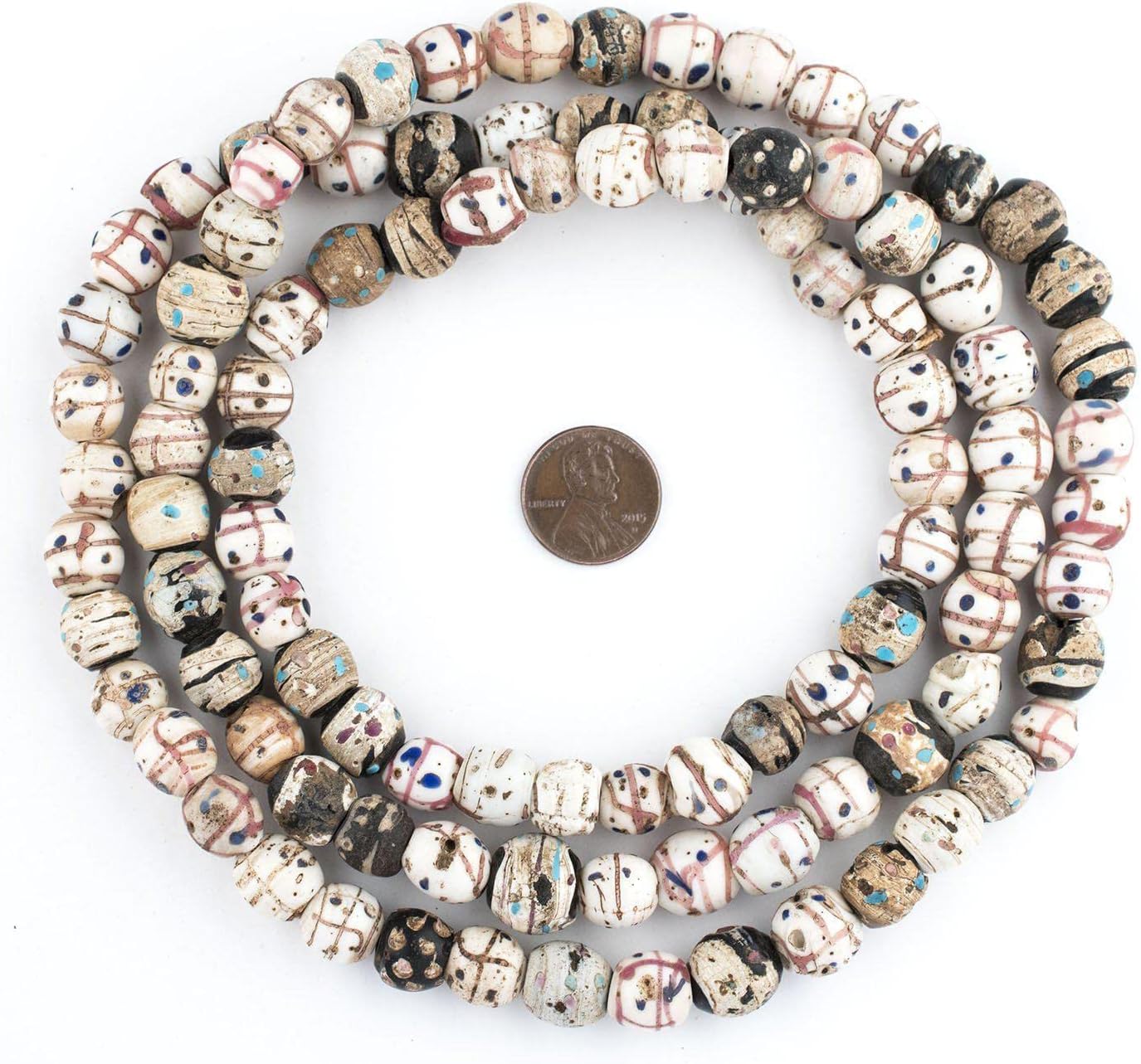 The Bead Chest Antique Venetian Medicine Man Trade Beads Double Strand 11mm Ethiopia African Multicolor Round Glass Large Hole 40 Inch Strand
