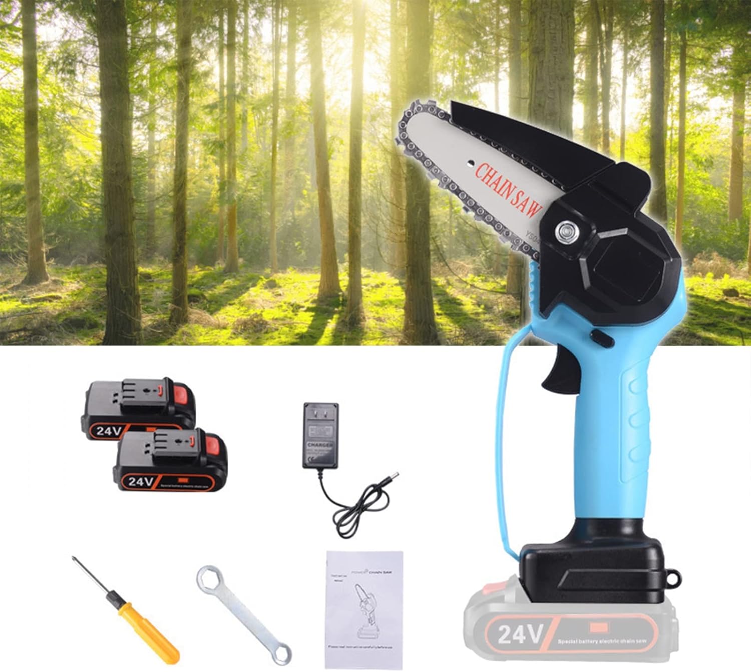 24V Mini Cordless Chainsaw Electric, with 2Pcs Battery, 4-Inch Electric Small Chainsaw Handheld with Safety Lock, Battery Powered Chainsaw for Tree Trimming Branch Wood Cutting
